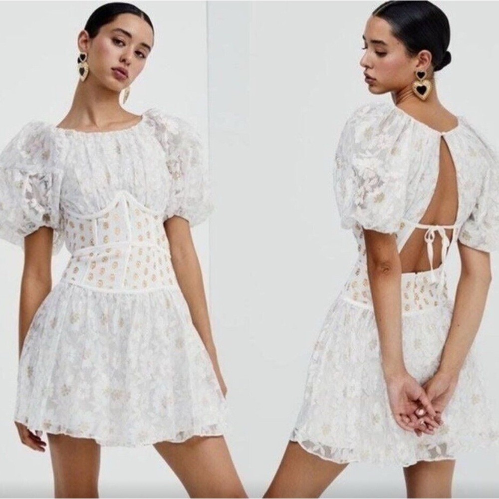 NWT For Love‎ & Lemons Lupita White Lace Mini Dress Puff Sleeve Coquette S